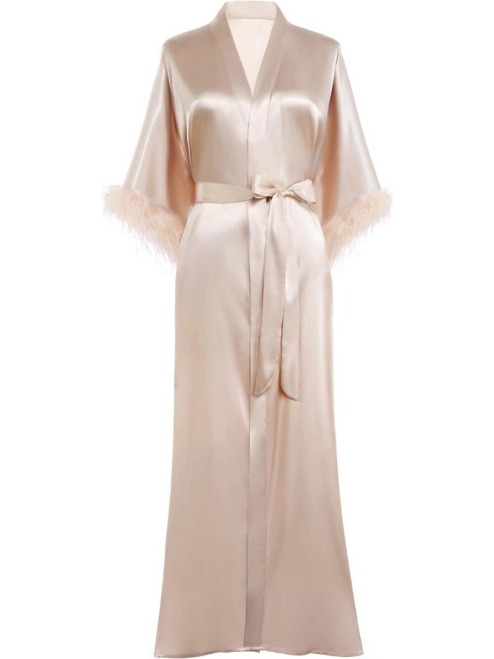 Elegant Long Kimono Robe for Women with Ostrich Feather Trim - Perfect for